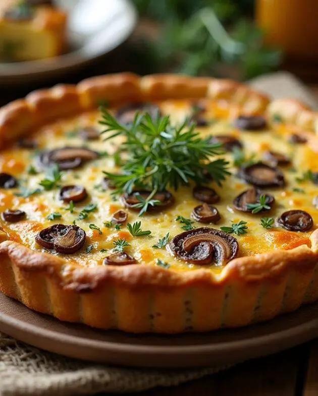 Quiche aux champignons de Paris parfaitement cuite, dorée et garnie d'herbes fraîches, prête à être dégustée.