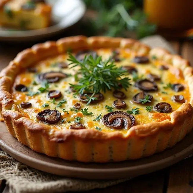 Quiche aux champignons de Paris parfaitement cuite, dorée et garnie d'herbes fraîches, prête à être dégustée.