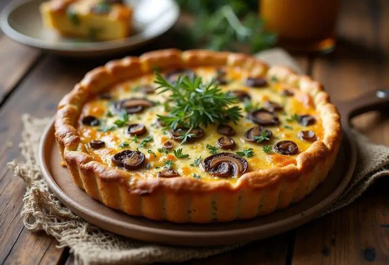 Quiche aux champignons de Paris parfaitement cuite, dorĂ©e et garnie d'herbes fraĂźches, prĂȘte Ă ĂȘtre dĂ©gustĂ©e.