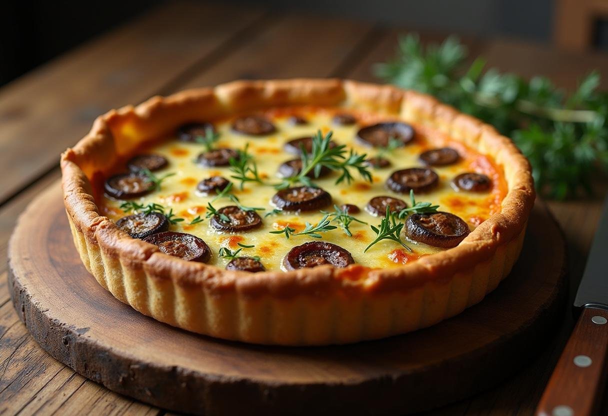 Quiche aux champignons de Paris parfaitement cuite, dorĂ©e et garnie d'herbes fraĂźches, prĂȘte Ă ĂȘtre dĂ©gustĂ©e.