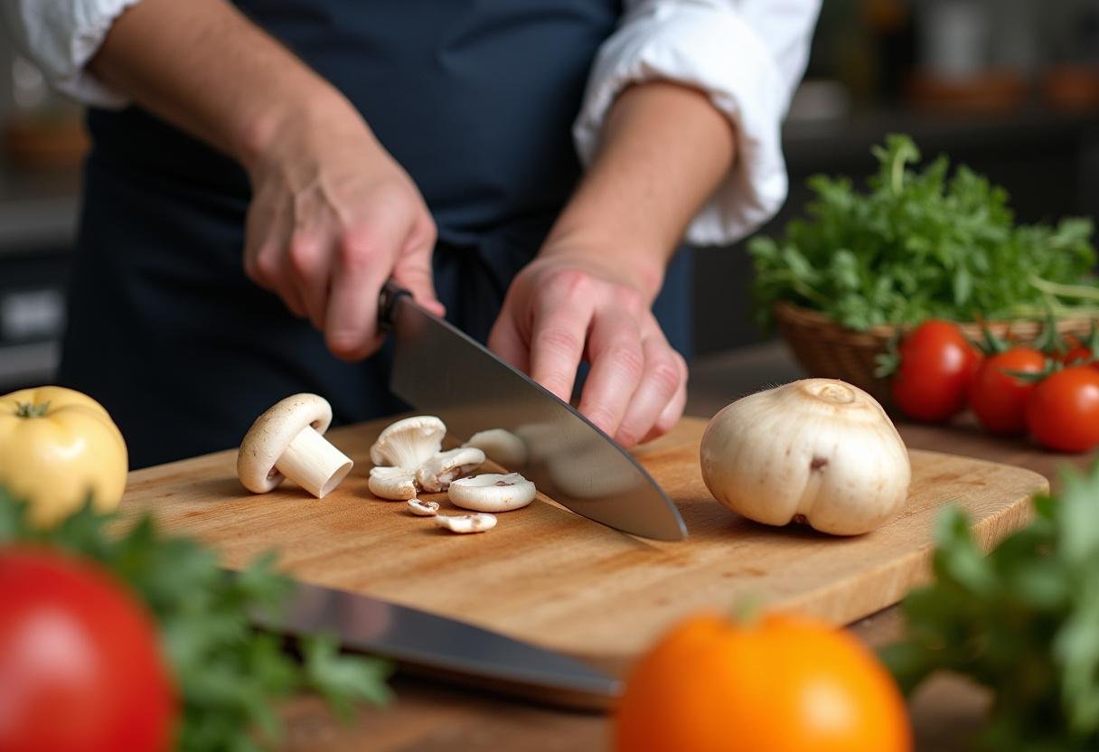 Préparation de la quiche au champignon avec des champignons de Paris frais hachés sur une planche à découper.