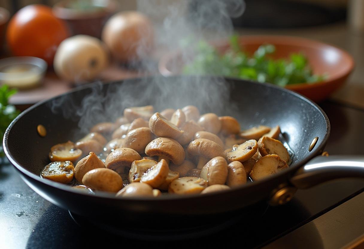 SautĂ© des champignons dans une poĂȘle pour la quiche au champignon, avec des herbes aromatiques en arriĂšre-plan.
