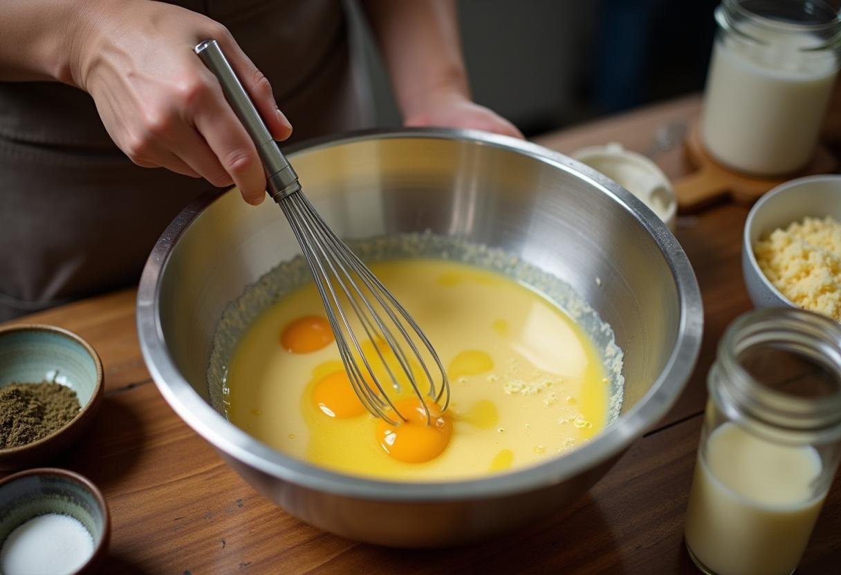 MĂ©langer les Ćufs et la crĂšme pour la prĂ©paration de la quiche au champignon, dans un bol en bois rustique.