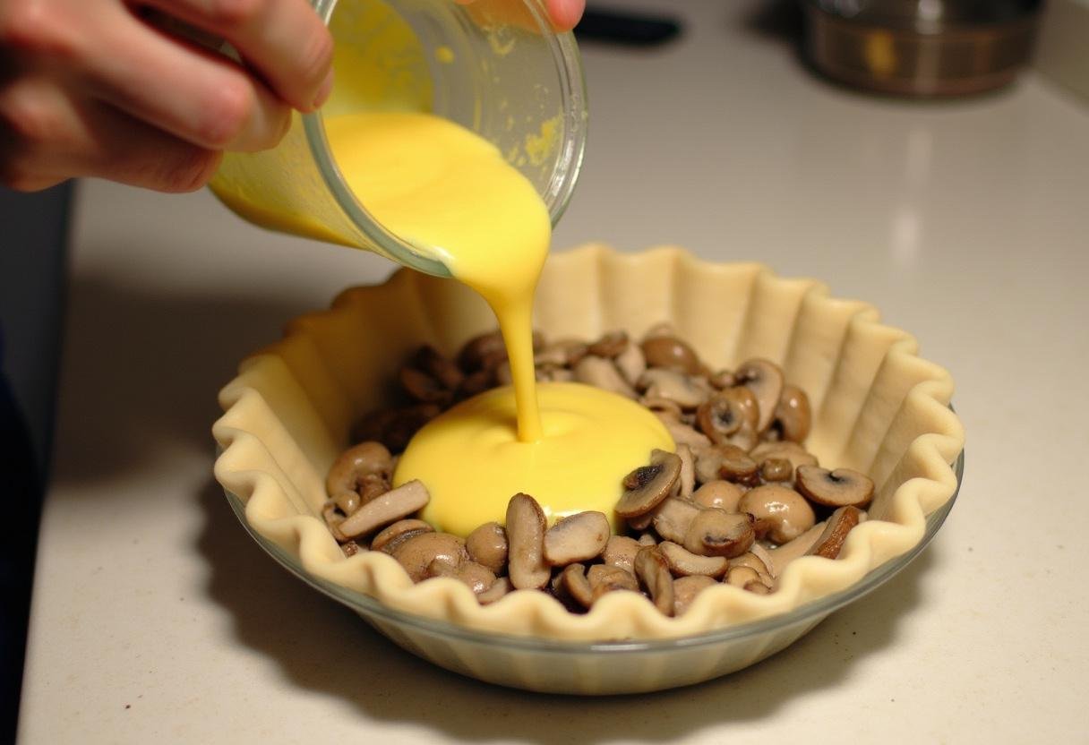 Remplissage de la croûte de quiche avec le mélange de champignons pour la quiche aux champignons avant la cuisson.