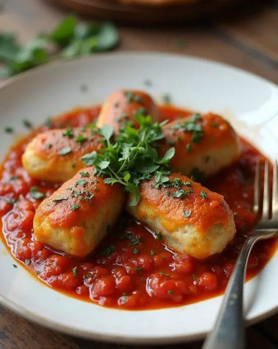 Plat de Makrouna tunisienne présenté avec une sauce tomate et des herbes fraîches.