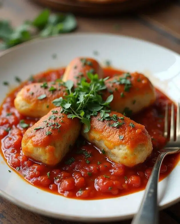 Plat de Makrouna tunisienne présenté avec une sauce tomate et des herbes fraîches.