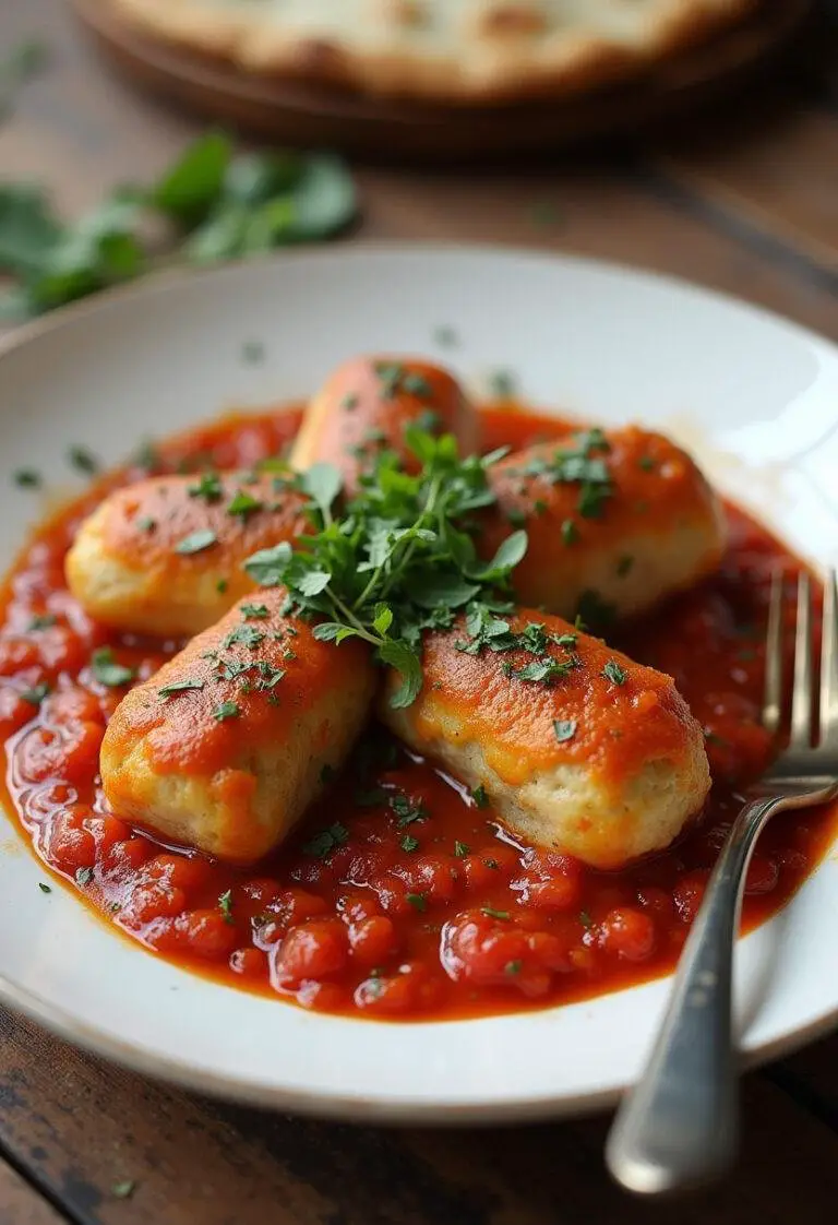 Plat de Makrouna tunisienne présenté avec une sauce tomate et des herbes fraîches.