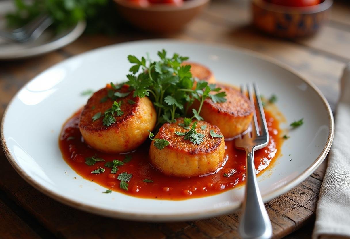 Plat de Makrouna tunisienne présenté avec une sauce tomate et des herbes fraîches.
