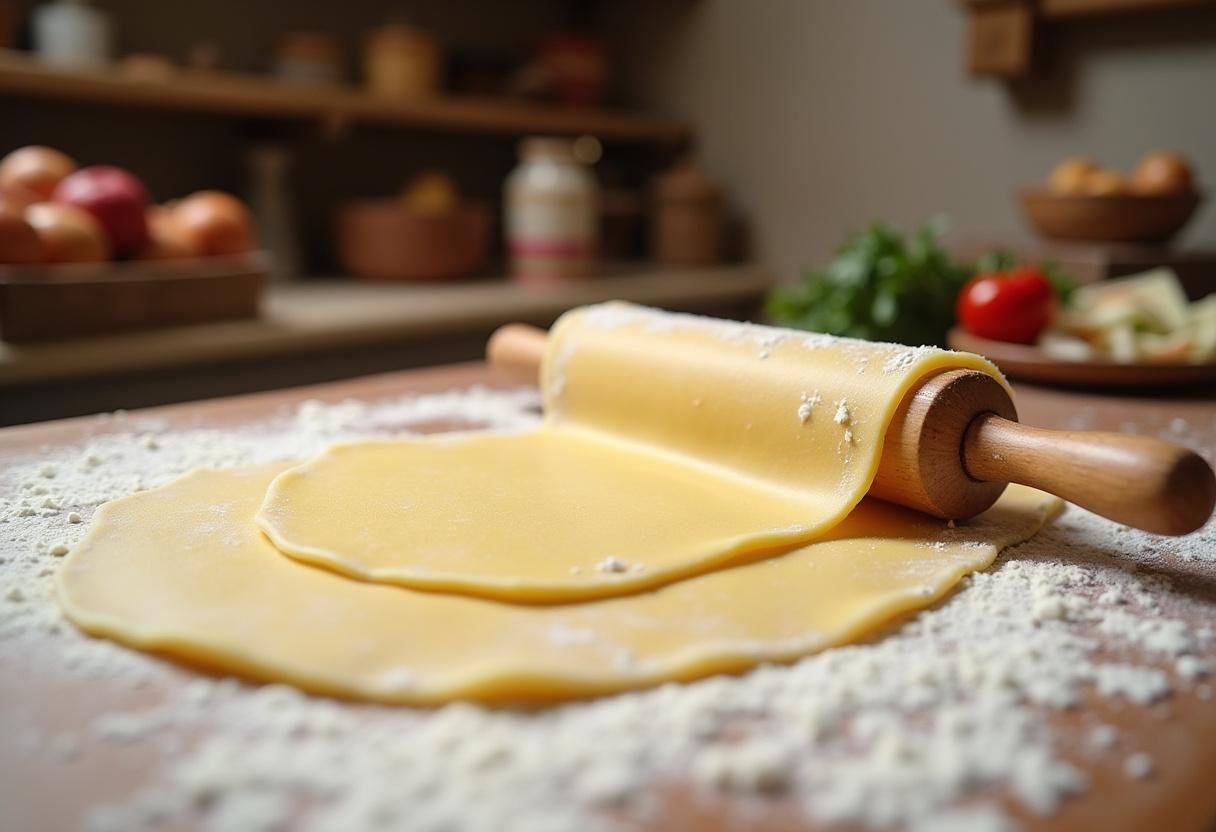 Pâte à pâtes tunisiennes étalée avec un rouleau à pâtisserie sur un plan de travail fariné.