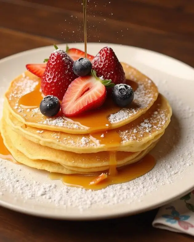 Présentation finale d'une pile de crêpes dorées, garnie de fruits frais et de sirop, représentant la recette crêpes facile pour 30 personnes.