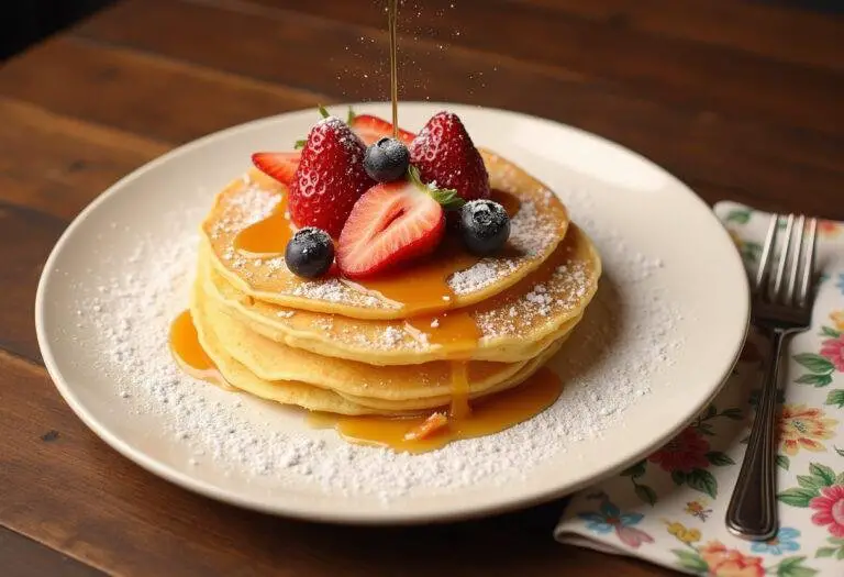 Présentation finale d'une pile de crêpes dorées, garnie de fruits frais et de sirop, représentant la recette crêpes facile pour 30 personnes.