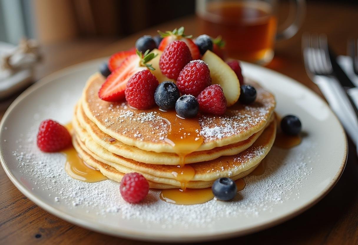 Présentation finale d'une pile de crêpes dorées, garnie de fruits frais et de sirop, représentant la recette crêpes facile pour 30 personnes.