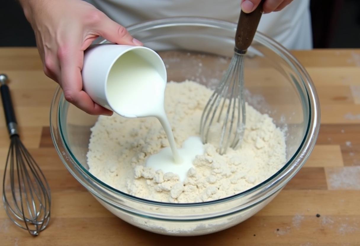 Ajout du lait dans le bol avec la farine pour la recette des crêpes pour 30 personnes, montrant l'harmonie des ingrédients.