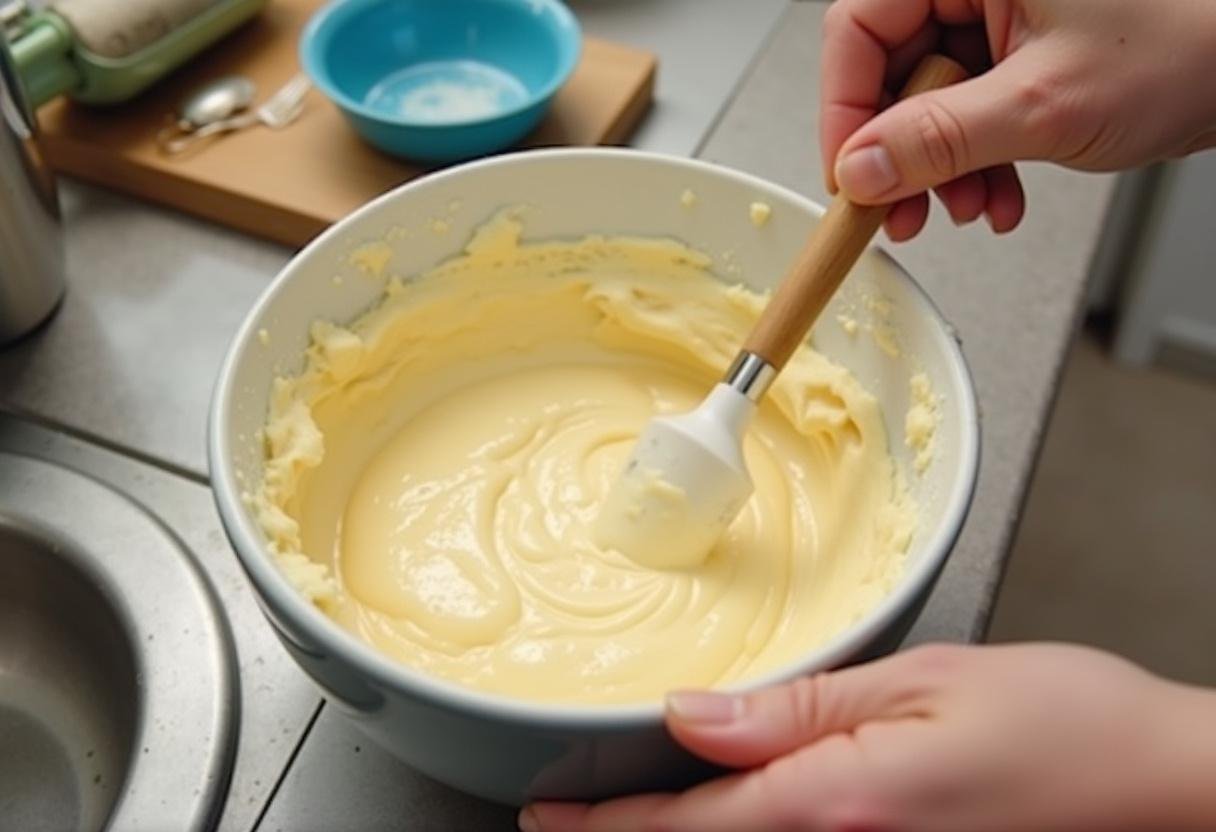 Mélange de la pâte à crêpes dans un bol pour la recette crêpes facile pour 30 personnes, mettant en avant la texture veloutée de la préparation.