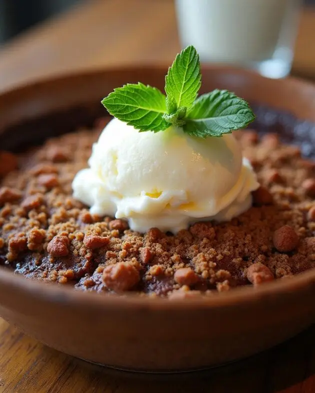 Crumble poire chocolat croustillant servi avec une boule de glace à la vanille et décoré d'une feuille de menthe - une présentation délicieuse et appétissante.