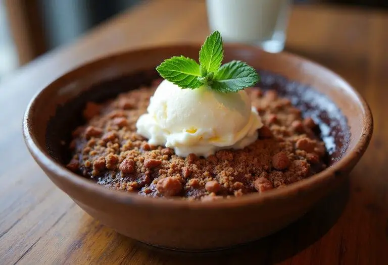 Crumble poire chocolat croustillant servi avec une boule de glace à la vanille et décoré d'une feuille de menthe - une présentation délicieuse et appétissante.