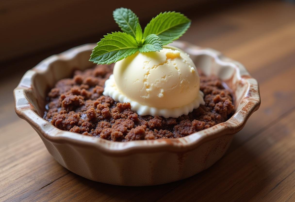 Crumble poire chocolat croustillant servi avec une boule de glace à la vanille et décoré d'une feuille de menthe - une présentation délicieuse et appétissante.