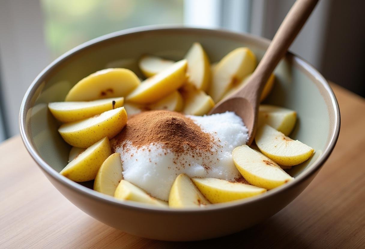Ingrédients pour le crumble poire chocolat - pommes poires, sucre et cannelle dans un saladier sur un plan de travail en cuisine.