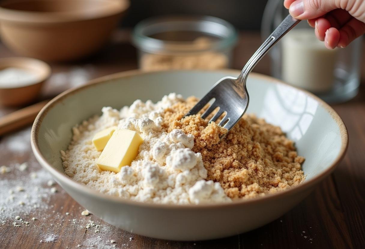 Mélange d'ingrédients pour le crumble chocolat poire - farine, beurre, flocons d'avoine, et sucre brun dans un bol, prêt à être mélangé.