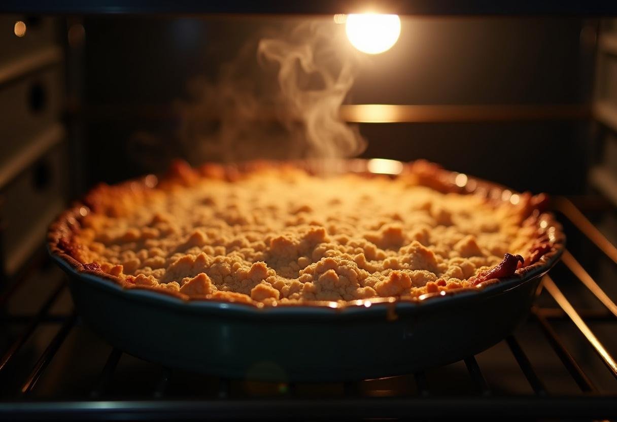 Crumble chocolat poire en cuisson dans le four - plat bien doré et fumant, l'odeur délicieuse se répand dans la cuisine.