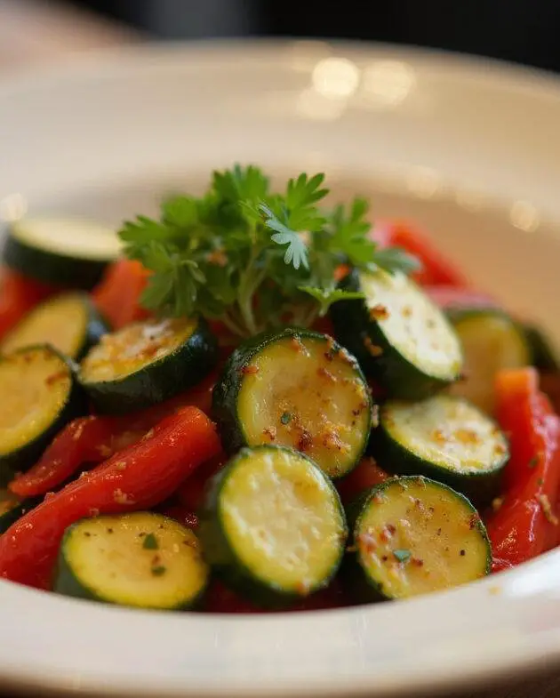 Plat coloré de courgettes et poivrons sautés, prêt à être servi, mettant en valeur la recette courgette et poivrons.