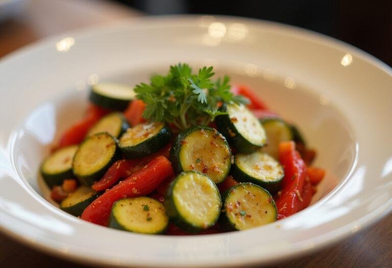 Plat colorĂ© de courgettes et poivrons sautĂ©s, prĂȘt Ă ĂȘtre servi, mettant en valeur la recette courgette et poivrons.