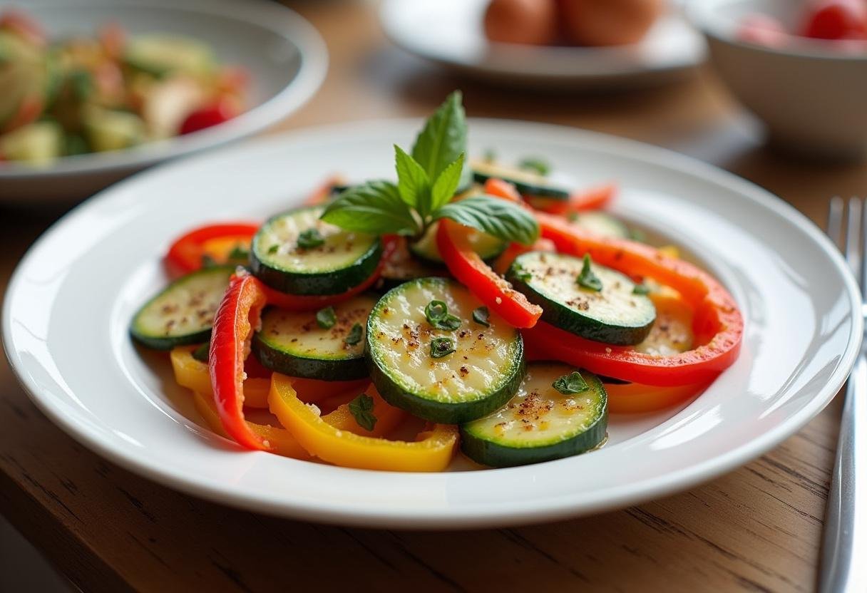 Plat colorĂ© de courgettes et poivrons sautĂ©s, prĂȘt Ă ĂȘtre servi, mettant en valeur la recette courgette et poivrons.