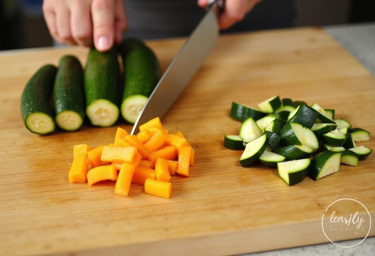 Préparation de la recette courgette et poivrons avec des courgettes et des poivrons fraßchement hachés sur une planche à découper.