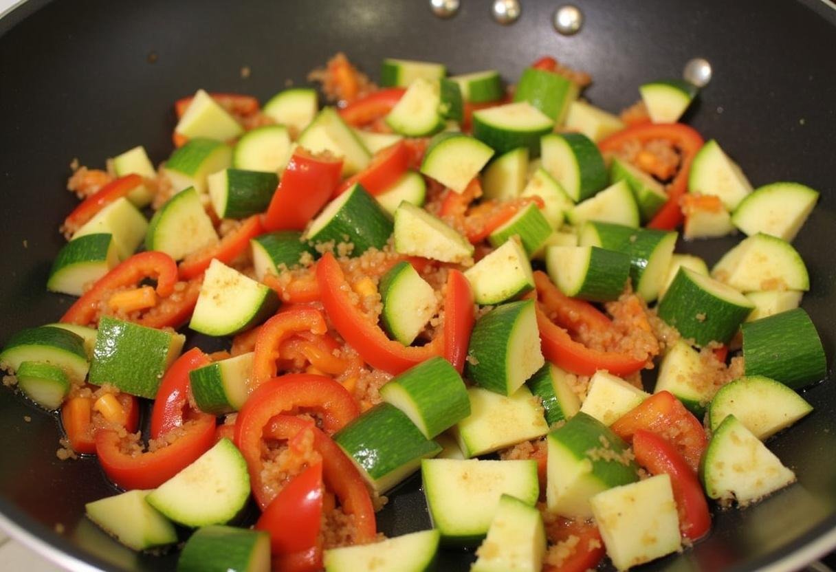 Chauffage de l'huile d'olive dans une poĂȘle pour la recette courgette et poivrons, ajoutant des lĂ©gumes pour les faire sauter.