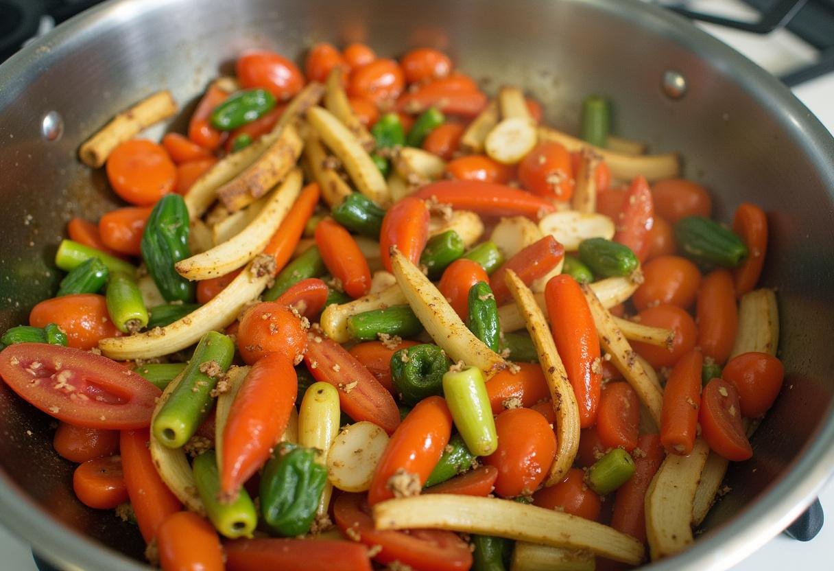 Assaisonnement des légumes dans la recette courgette et poivrons avec du sel, du poivre et des herbes italiennes.