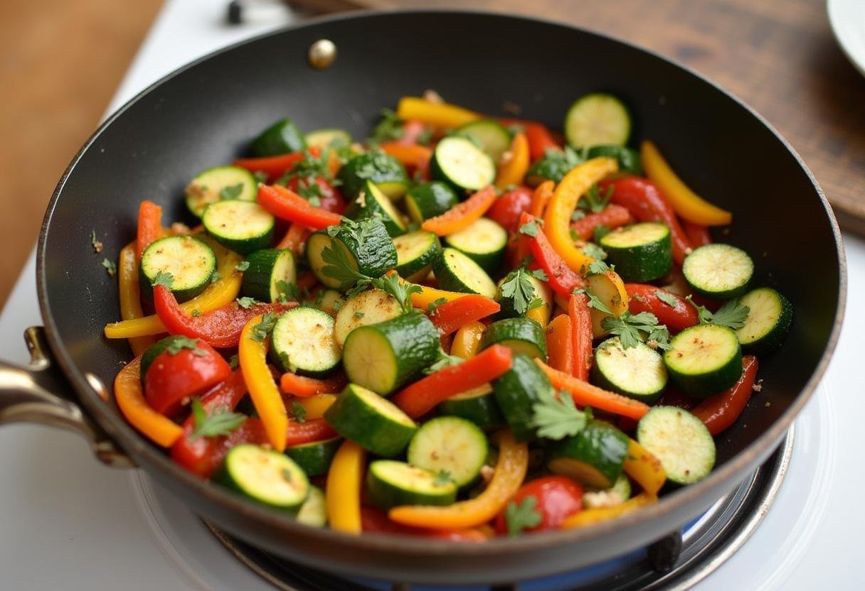 Transfert des courgettes et poivrons sautĂ©s sur un plat de service, prĂȘts Ă ĂȘtre dĂ©gustĂ©s dans la recette courgette et poivrons.