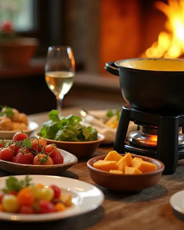 Présentation finale de la fondue savoyarde traditionnelle 3 fromages, mettant en valeur l'aspect alléchant du plat et son ambiance conviviale.