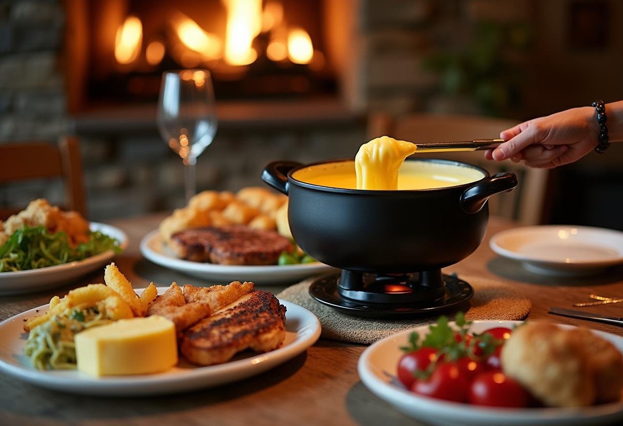 Présentation finale de la fondue savoyarde traditionnelle 3 fromages, mettant en valeur l'aspect alléchant du plat et son ambiance conviviale.