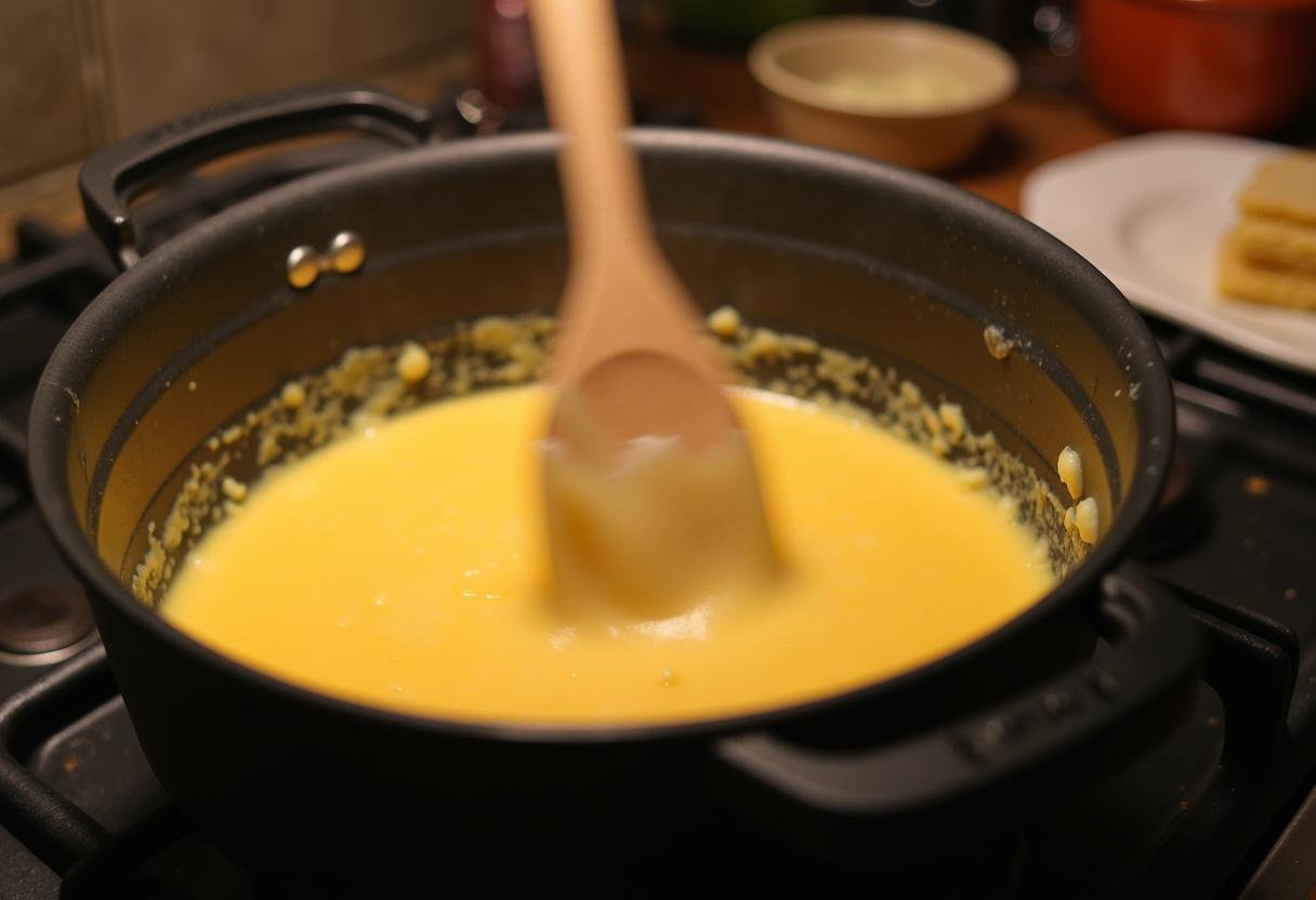 Préparation de la fondue savoyarde au fromage dans une cuisine rustique, démontrant la fusion du fromage savoyard traditionnel.