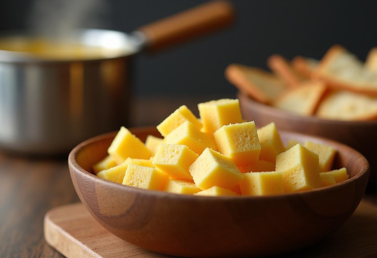BouchĂ©es de pain prĂȘtes pour la fondue au fromage savoyarde, mettant en valeur les ingrĂ©dients essentiels de la recette savoyarde.