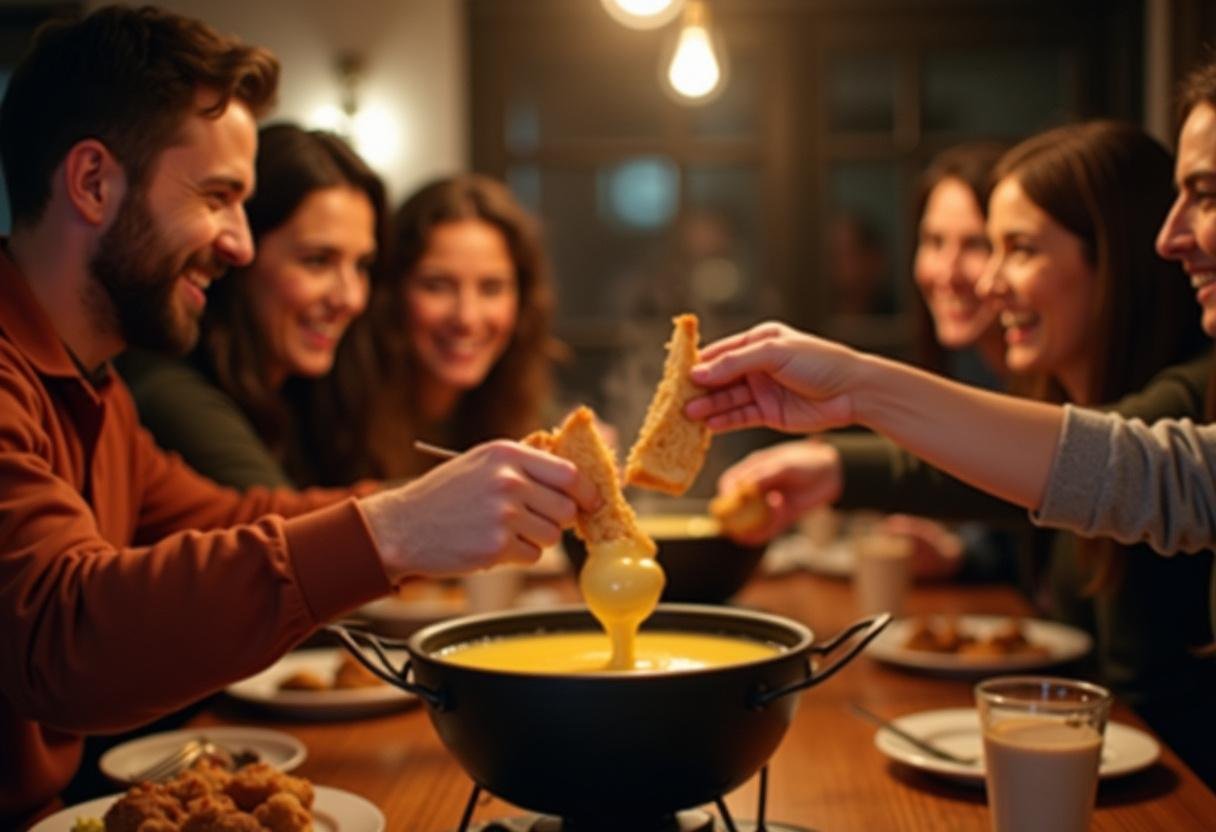 Moment convivial autour de la fondue savoyarde, illustrant l'expérience magique de partager du fromage fondu entre amis.