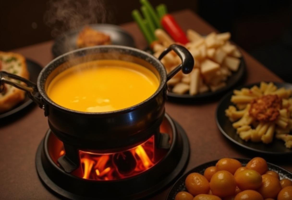 Dégustation de la fondue savoyarde, présentant une belle présentation de fromage fondu accompagné de pommes de terre et de légumes.