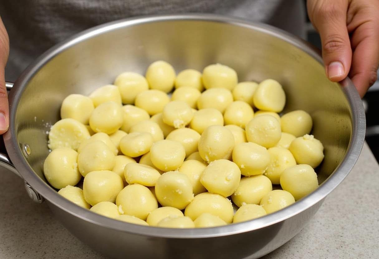 Préparer des gnocchis frais en mélangeant pommes de terre, farine et sel, puis pétrir jusqu'à consistance lisse.