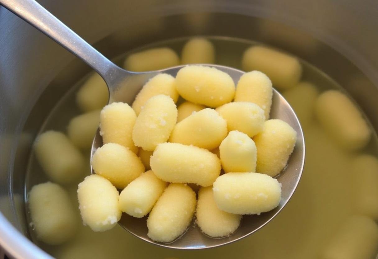 Cuire les gnocchis dans de l'eau bouillante salée jusqu'à ce qu'ils flottent, ensuite retirer avec une écumoire.