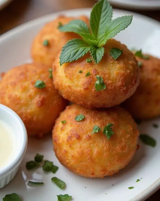 Beignets de pommes de terre dorés et croustillants présentés sur une assiette, ornés d'herbes fraîches et accompagnés d'une sauce à tremper.