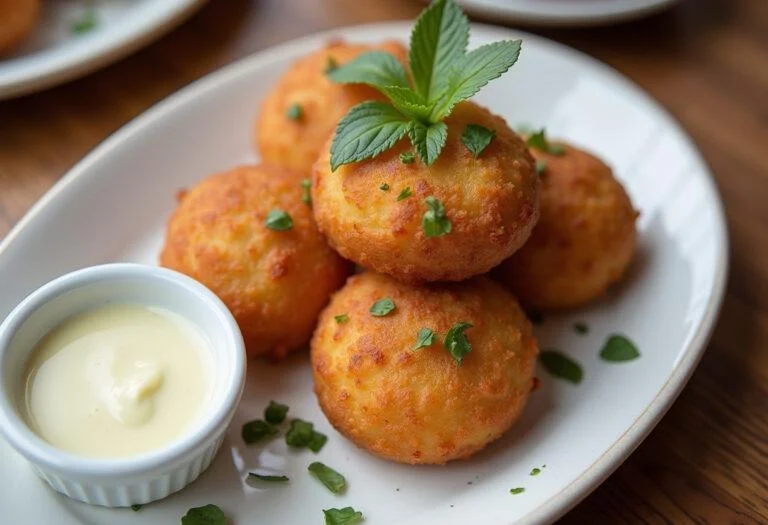 Beignets de pommes de terre dorés et croustillants présentés sur une assiette, ornés d'herbes fraßches et accompagnés d'une sauce à tremper.
