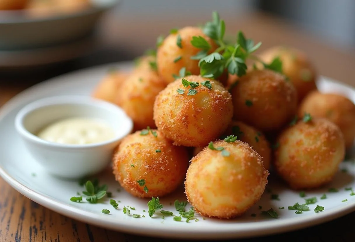 Beignets de pommes de terre dorés et croustillants présentés sur une assiette, ornés d'herbes fraßches et accompagnés d'une sauce à tremper.