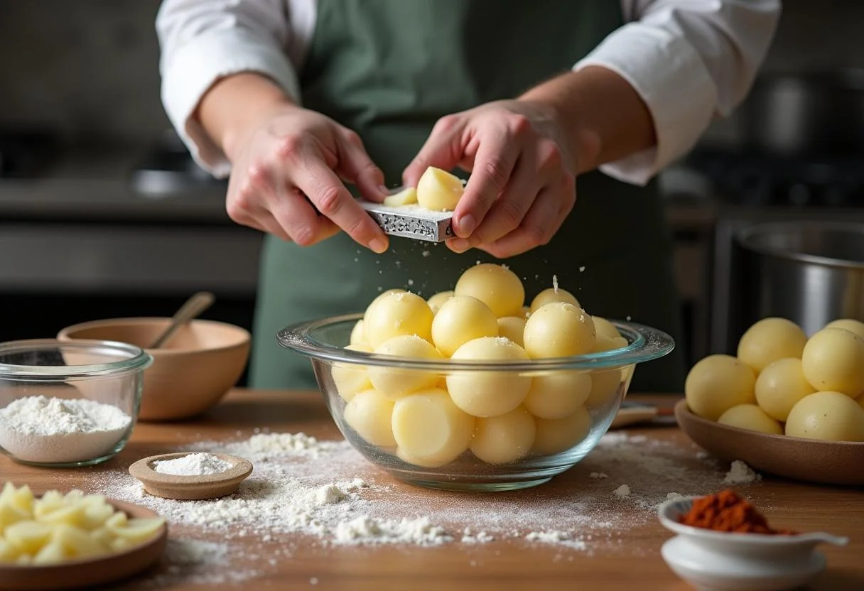 Préparation de beignets de pommes de terre avec des pommes de terre rùpées dans un grand bol, ingrédients comme farine et sel à portée de main.