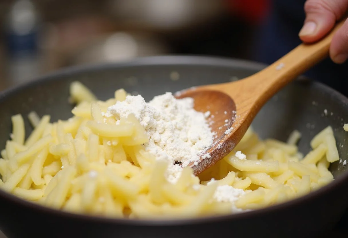 Mélange des pommes de terre rùpées avec de la farine et du sel pour créer la pùte à beignet de pomme de terre, illustrant le processus de préparation.