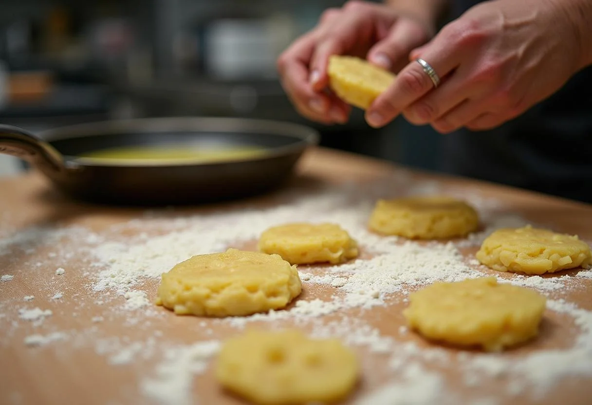 Façonnage de petites boules de pĂąte Ă beignet de pommes de terre sur une surface farinĂ©e, avec une poĂȘle Ă frire chauffant en arriĂšre-plan.