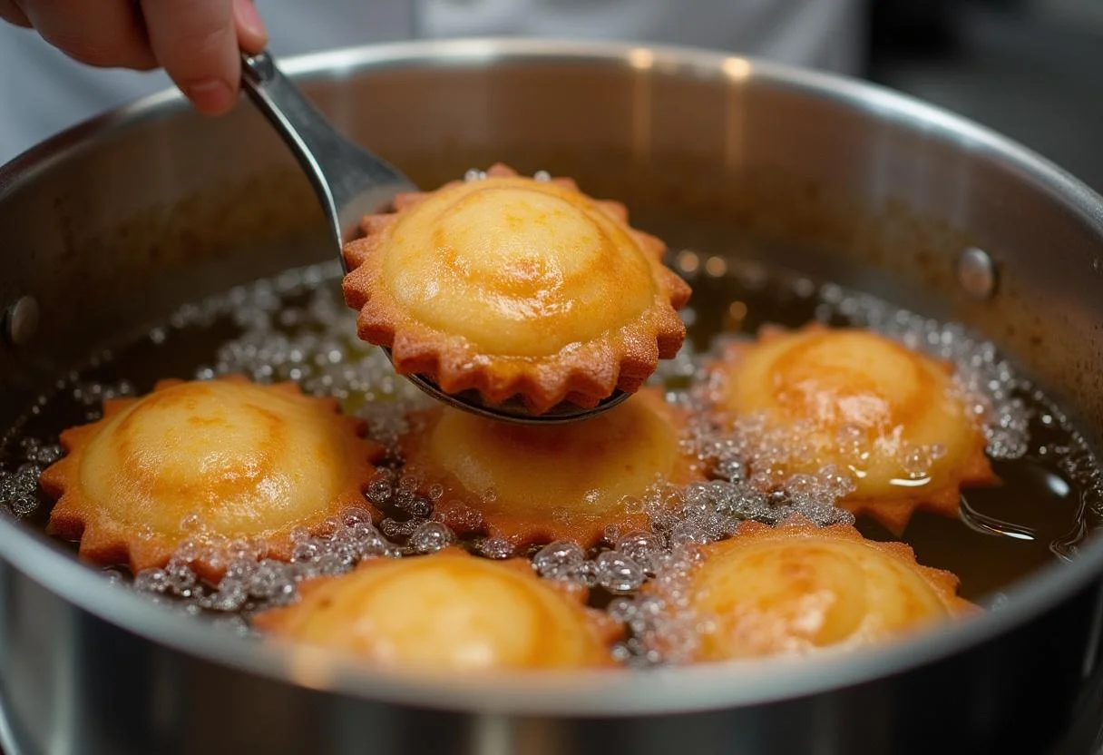 Frire des beignets de pommes de terre dans de l'huile chaude, montrant des bulles qui se forment lors de la cuisson.