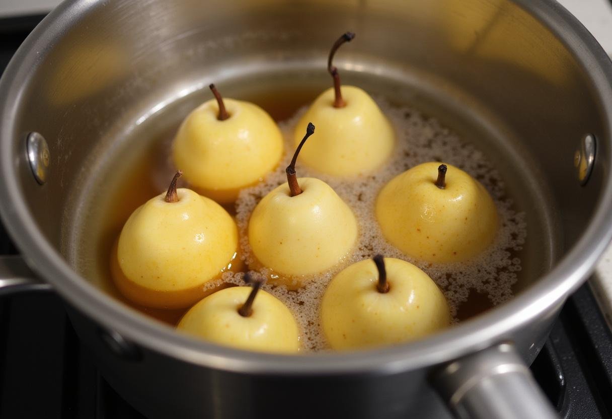 Poires au chocolat, poires pochées dans un mélange de vanille et sucre pour un dessert chocolat.