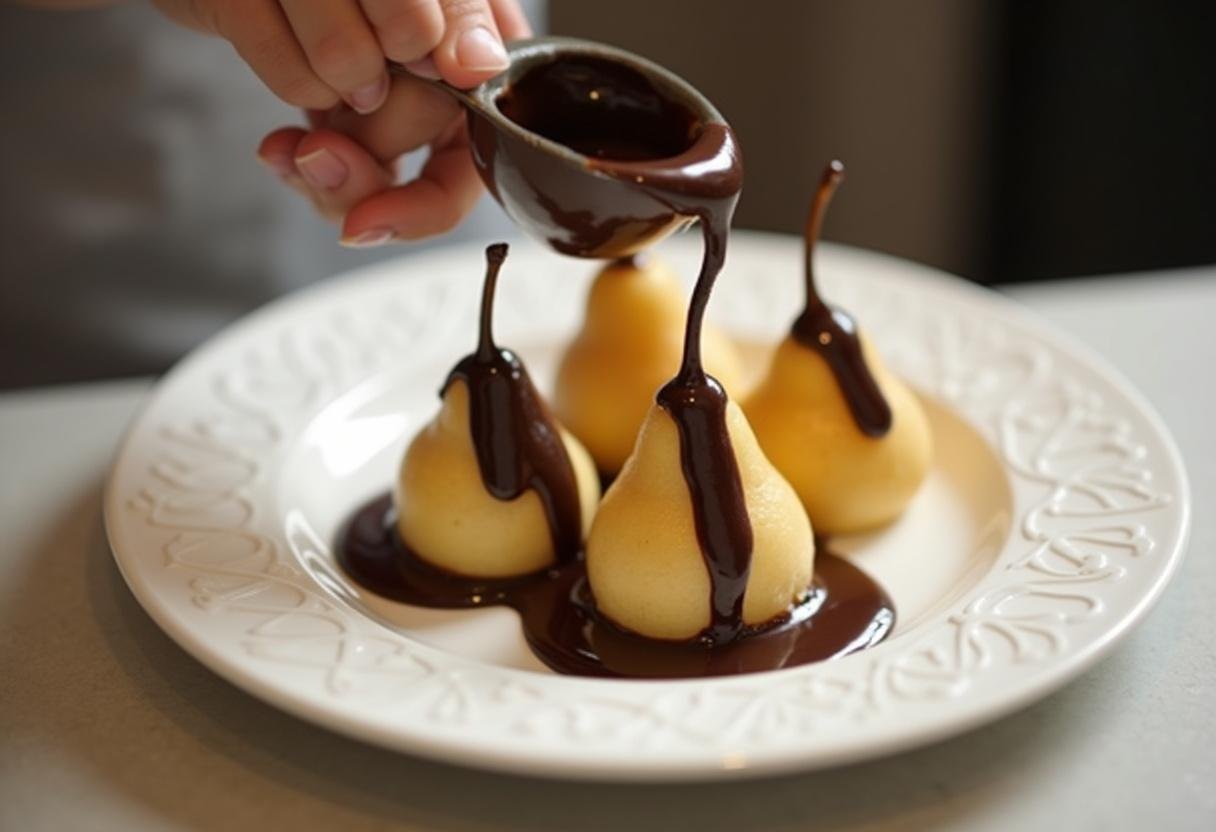 Poire et chocolat dressés sur une assiette, montrant la saveur chocolat du dessert chocolat.