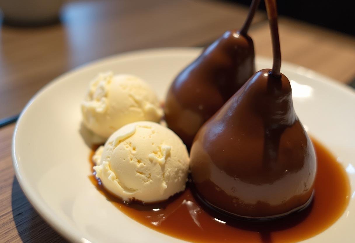 Dessert poire Belle-Hélène avec chocolat et crème glacée à la vanille pour compléter la recette poire.