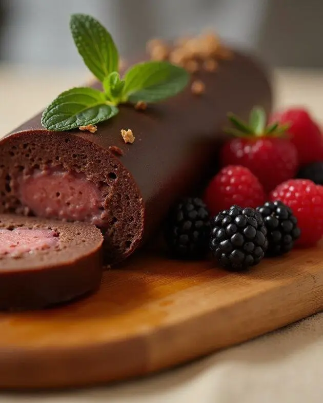 Saucisson au chocolat tranché présenté sur une planche en bois avec des baies fraîches pour la recette saucisson au chocolat.